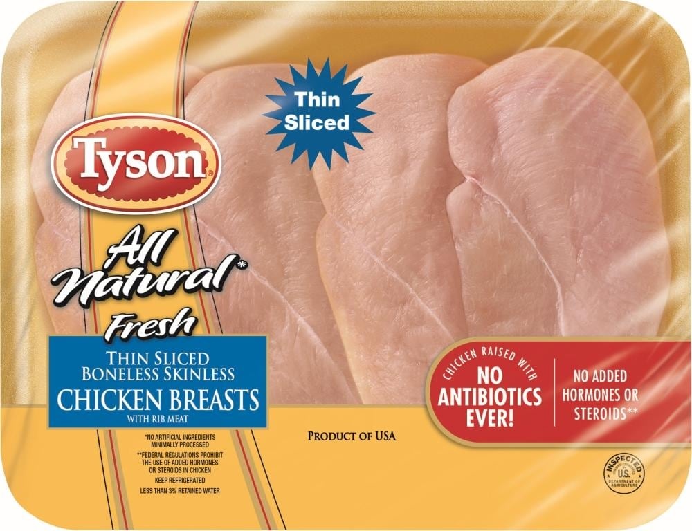 slide 1 of 1, Tyson All Natural Fresh Thin Sliced Boneless Skinless Chicken Breasts With Rib Meat, per lb