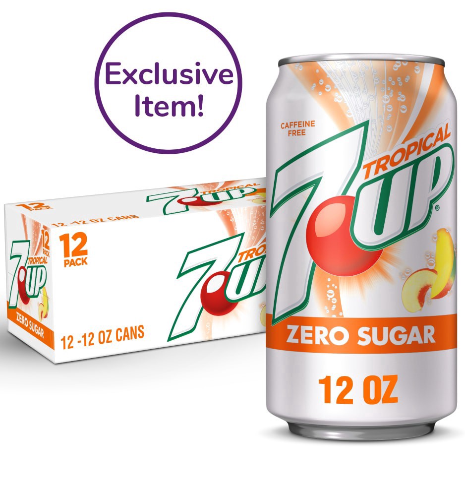 slide 1 of 6, 7Up Tropical Zero Sugar Soda Cans - 12 ct; 12 fl oz, 12 ct; 12 fl oz