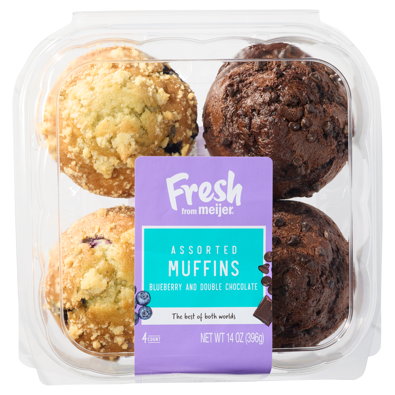 slide 1 of 4, Fresh From Meijer, Assorted Muffins Blueberry And Double Chocolate, 14 Oz, 4 Ct, 4 ct