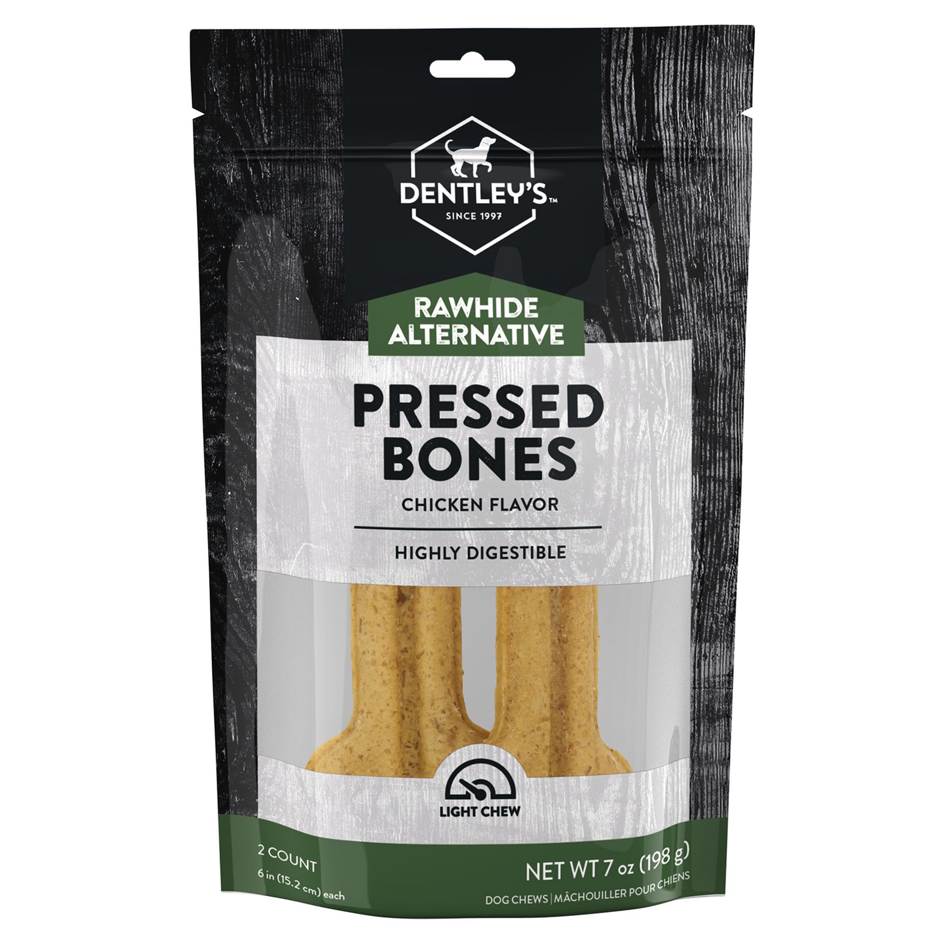 slide 1 of 1, Dentley's Rawhide Alternative Pressed Chicken Tendon Bones 6 Inch 7 OZ, 7 oz
