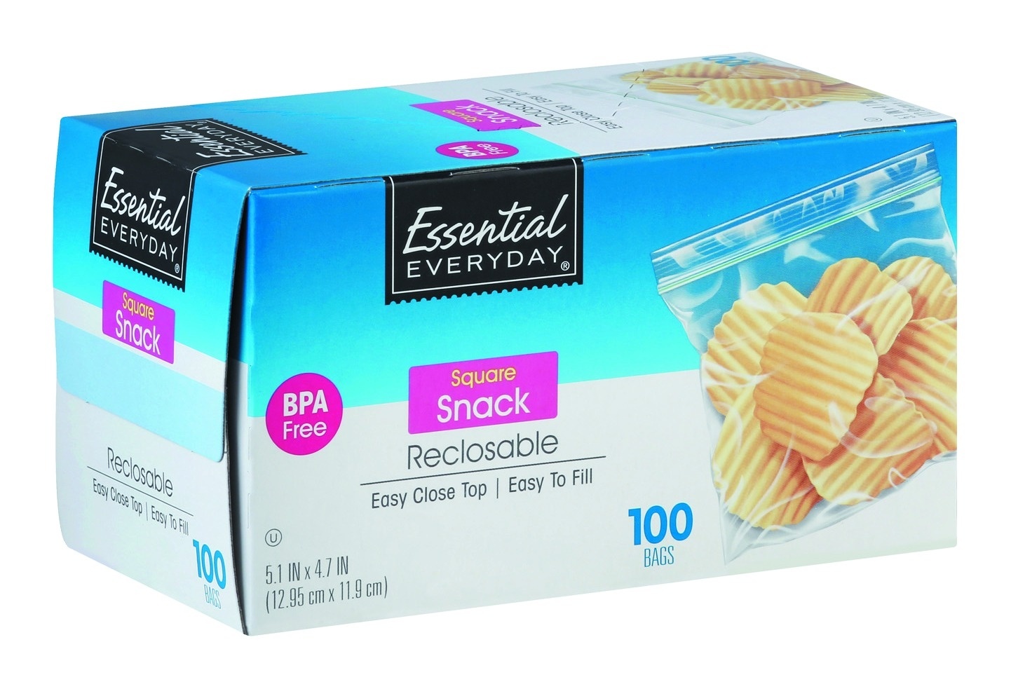 slide 1 of 1, Essential Everyday Reclosable Bag Square Snack, 100 ct