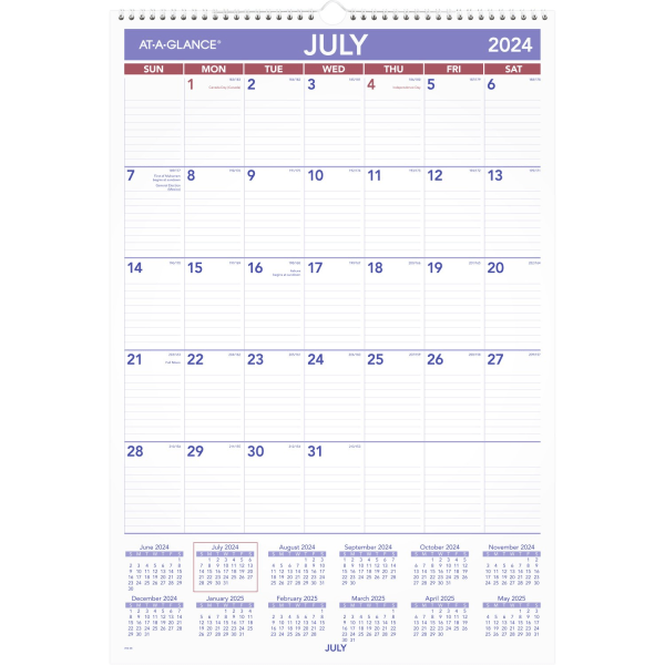 slide 3 of 7, 2024-2025 At-A-Glance Academic Large Monthly Wall Calendar, 15-1/2"" X 22-3/4"", Red/Blue, July To June, 1 ct