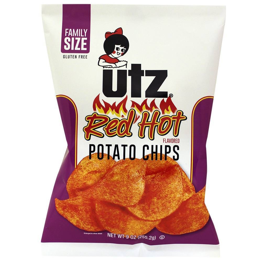 slide 1 of 1, Utz Potato Chips, Red Hot Flavored, Family Size, 9 oz