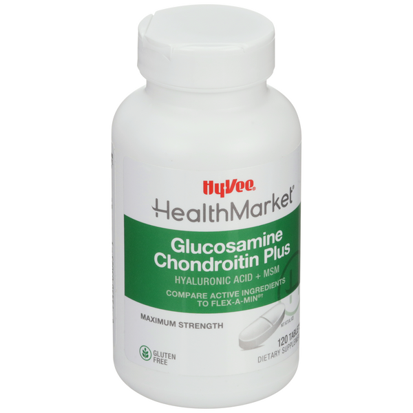 slide 1 of 1, Hy-Vee HealthMarket Glucosamine & Chondroitin Maximum Stength Plus Hyaluronic Acid + Msm Dietary Supplement Tablets, 120 ct