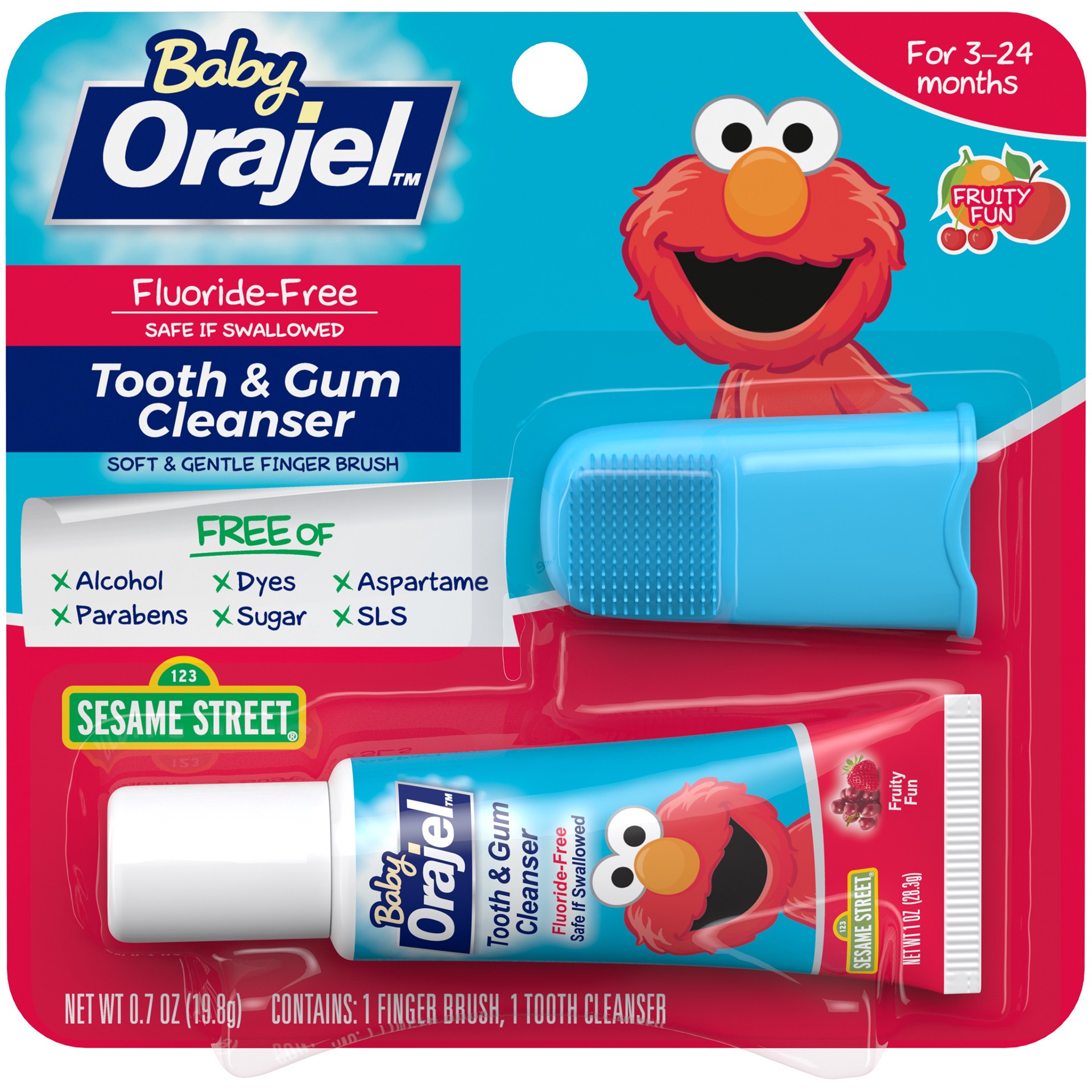 slide 1 of 4, Orajel Elmo Fluoride-Free Tooth & Gum Cleanser with Finger Brush, Combo Pack, Fruity Fun Flavored Non-Fluoride, 0.7 oz., 0.7 oz