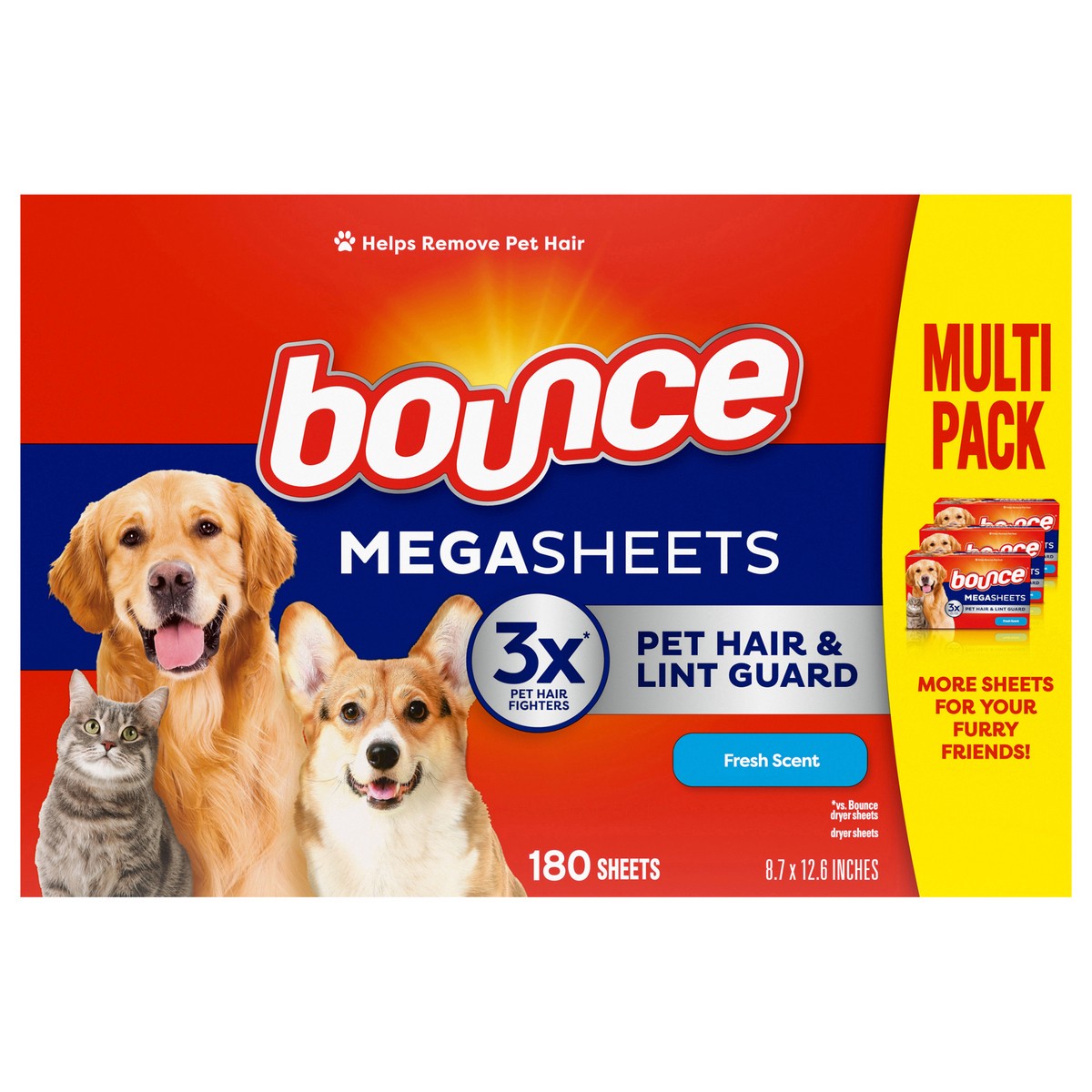 slide 1 of 8, Bounce Pet Hair and Lint Guard Mega Dryer Sheets with 3X Pet Hair Fighters, Fresh Scent, 180 Count, 180 ct