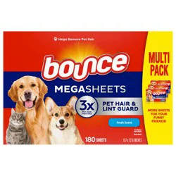 Bounce Pet Hair and Lint Guard Mega Dryer Sheets with 3X Pet Hair Fighters, Fresh Scent, 180 Count