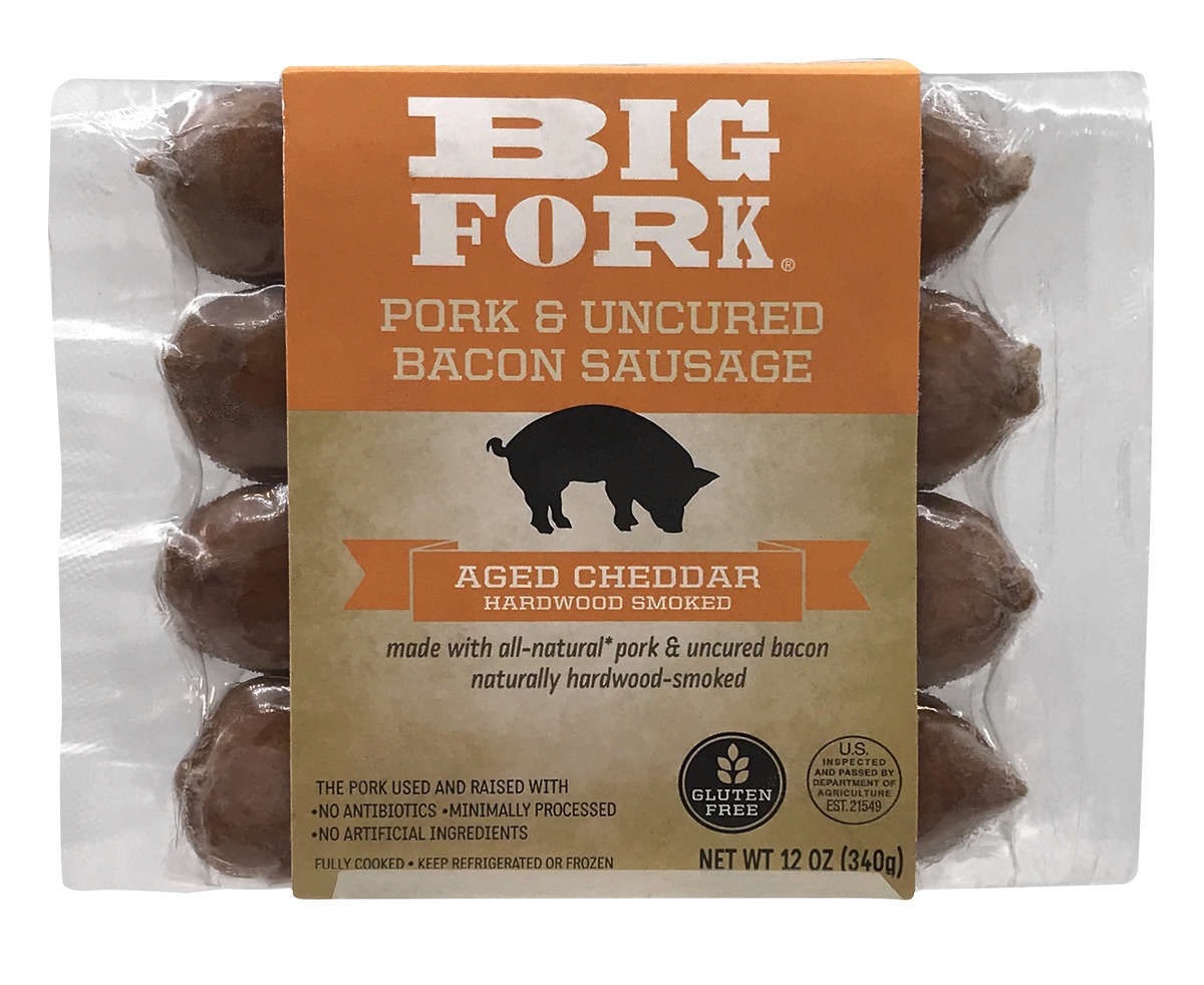 slide 1 of 1, Big Fork Uncured Bacon Sausage - Aged Cheddar, 12 oz