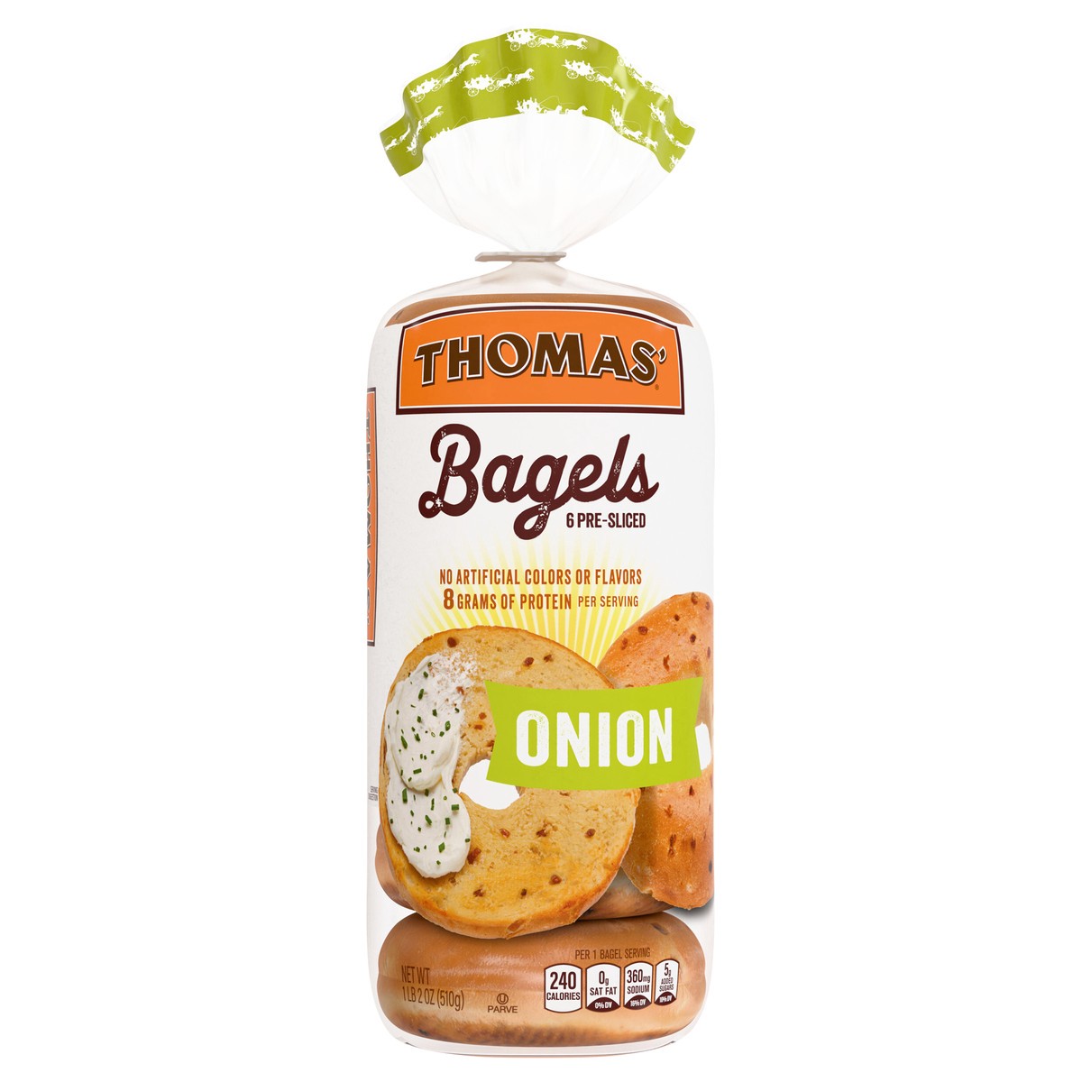 slide 1 of 14, Thomas' Onion Bagels, 6 count, 8g Protein, 18 oz Bag, 6 ct