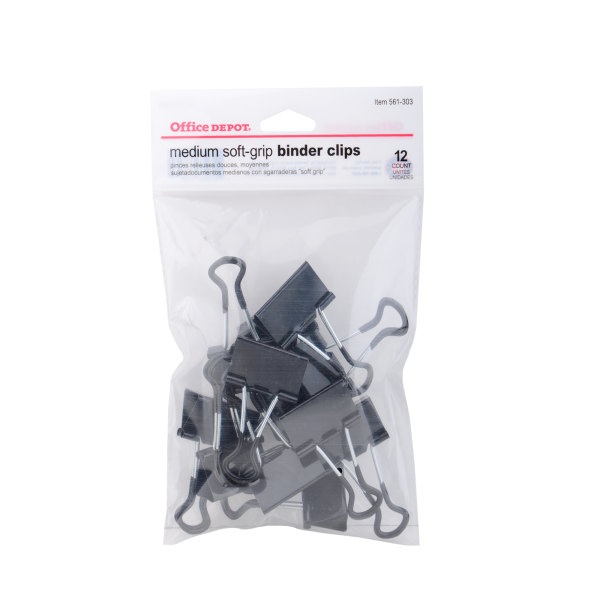 slide 1 of 3, Office Depot Brand Soft-Grip Medium Binder Clips, 1 1/4'', 5/8'' Capacity, Assorted Colors, Pack Of 12, 12 ct