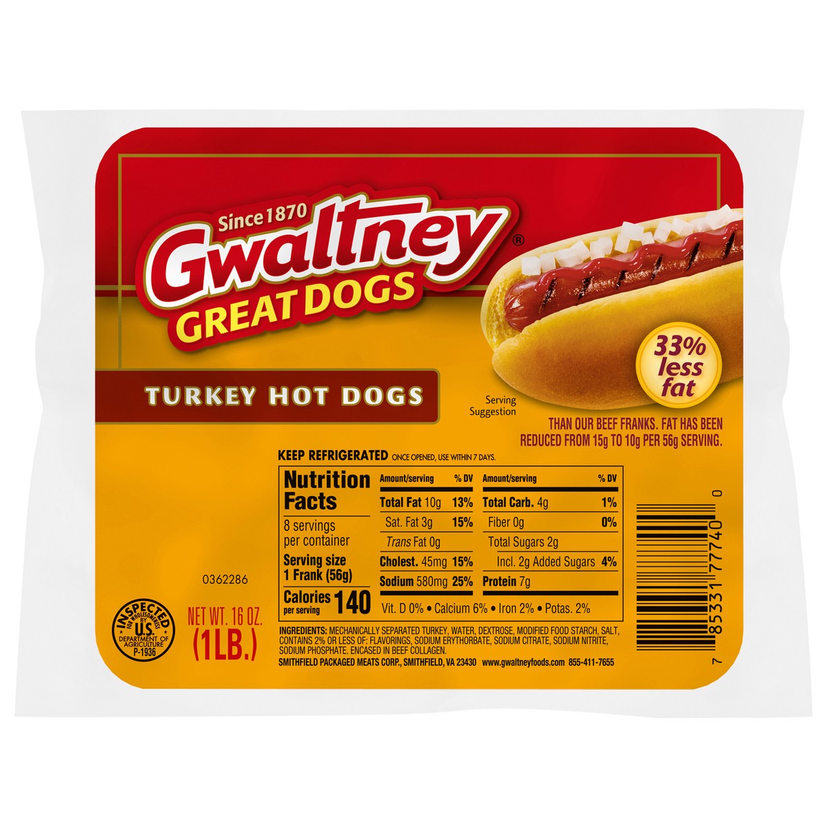 slide 2 of 2, Gwaltney Great Dogs Turkey Hot Dogs, 16 oz