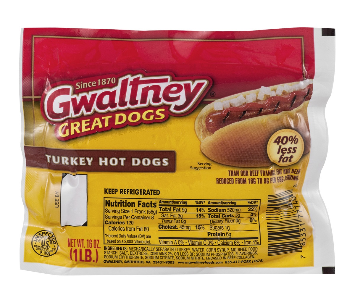 slide 1 of 1, Gwaltney Great Dogs Turkey Hot Dogs, 16 oz