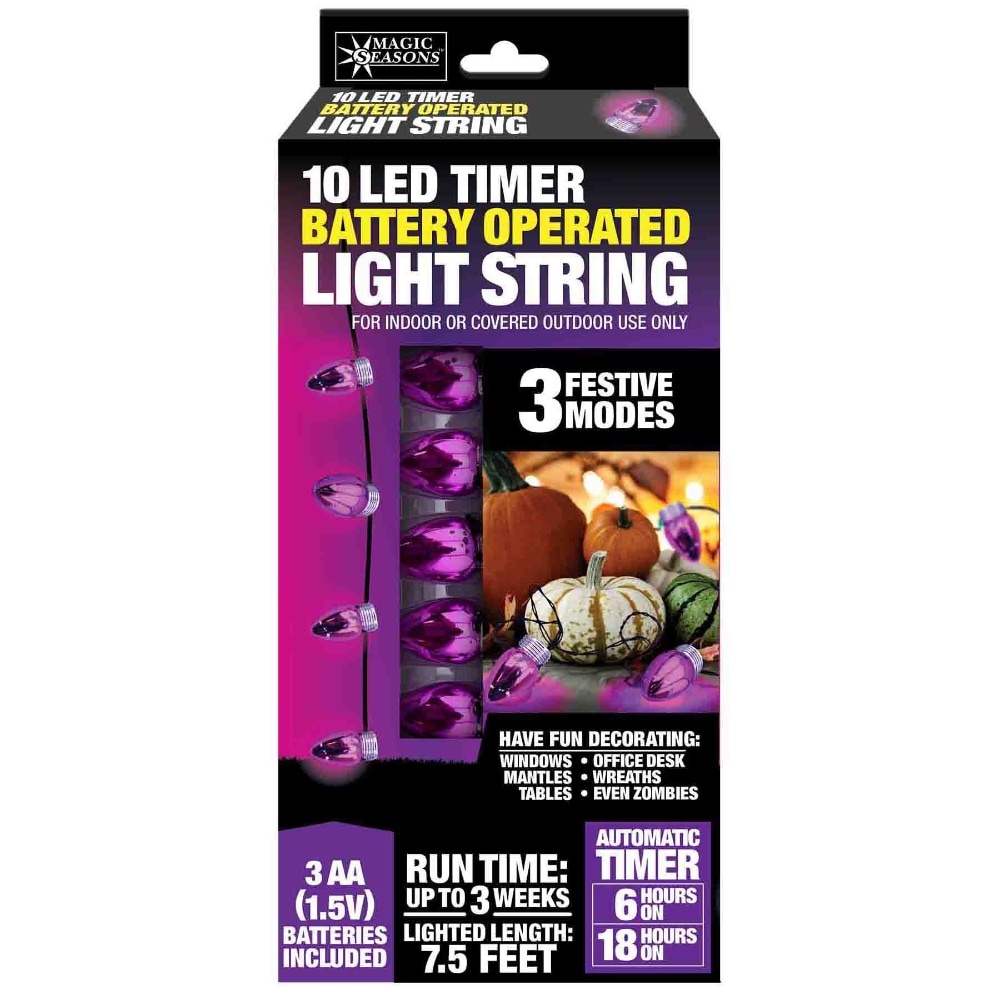 slide 1 of 1, Magic Seasons Halloween 10-Led Timer Battery Operated String Light - Purple, 7.5 ft