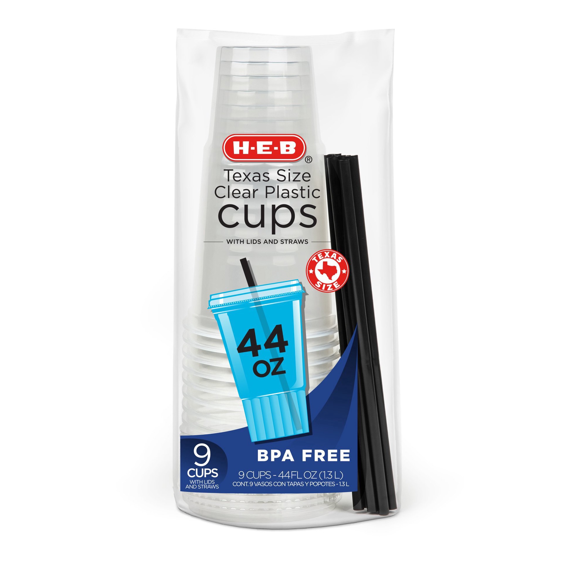 slide 1 of 1, H-E-B 44 oz Texas Size Clear Plastic Cups with Lids and Straws, 9 ct