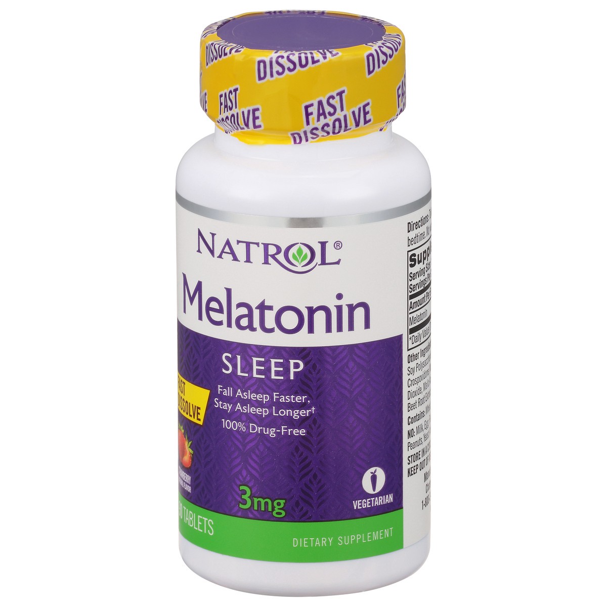 slide 3 of 9, Natrol Melatonin 3mg, Strawberry-Flavored Dietary Supplement for Restful Sleep, 90 Fast-Dissolve Tablets, 90 Day Supply, 90 ct