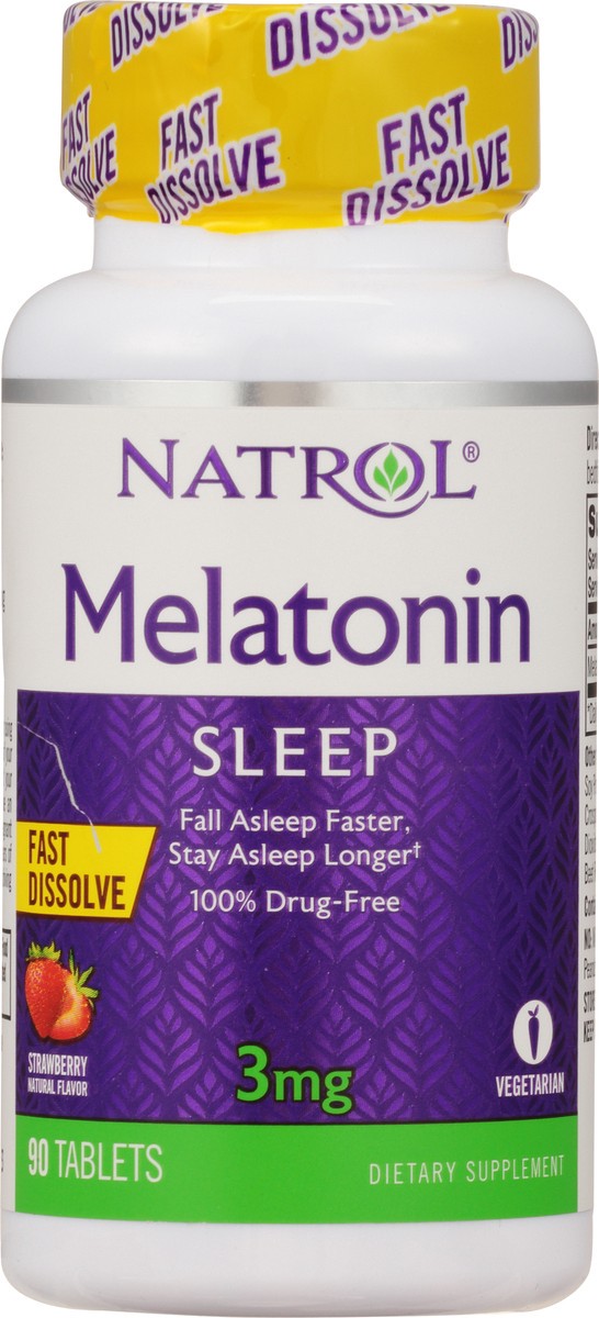 slide 5 of 9, Natrol Melatonin 3mg, Strawberry-Flavored Dietary Supplement for Restful Sleep, 90 Fast-Dissolve Tablets, 90 Day Supply, 90 ct