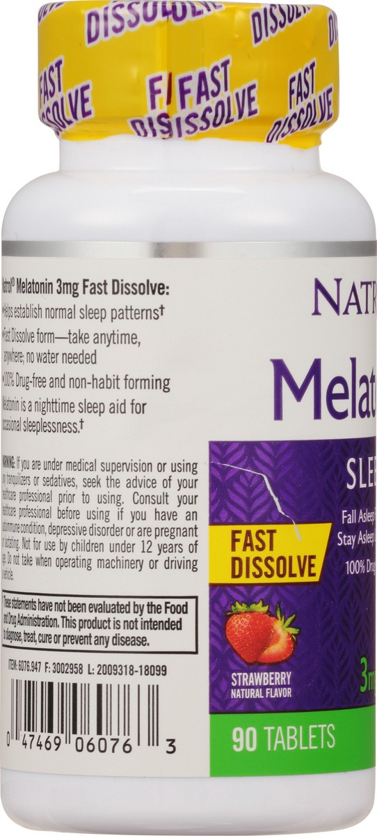 slide 6 of 9, Natrol Melatonin 3mg, Strawberry-Flavored Dietary Supplement for Restful Sleep, 90 Fast-Dissolve Tablets, 90 Day Supply, 90 ct
