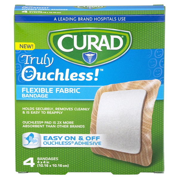 slide 1 of 5, Curad Truly Ouchless Flexible Fabric Bandage, 4 - 4 in x 4 in, 4 ct