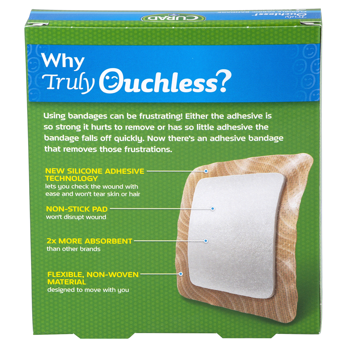 slide 4 of 5, Curad Truly Ouchless Flexible Fabric Bandage, 4 - 4 in x 4 in, 4 ct