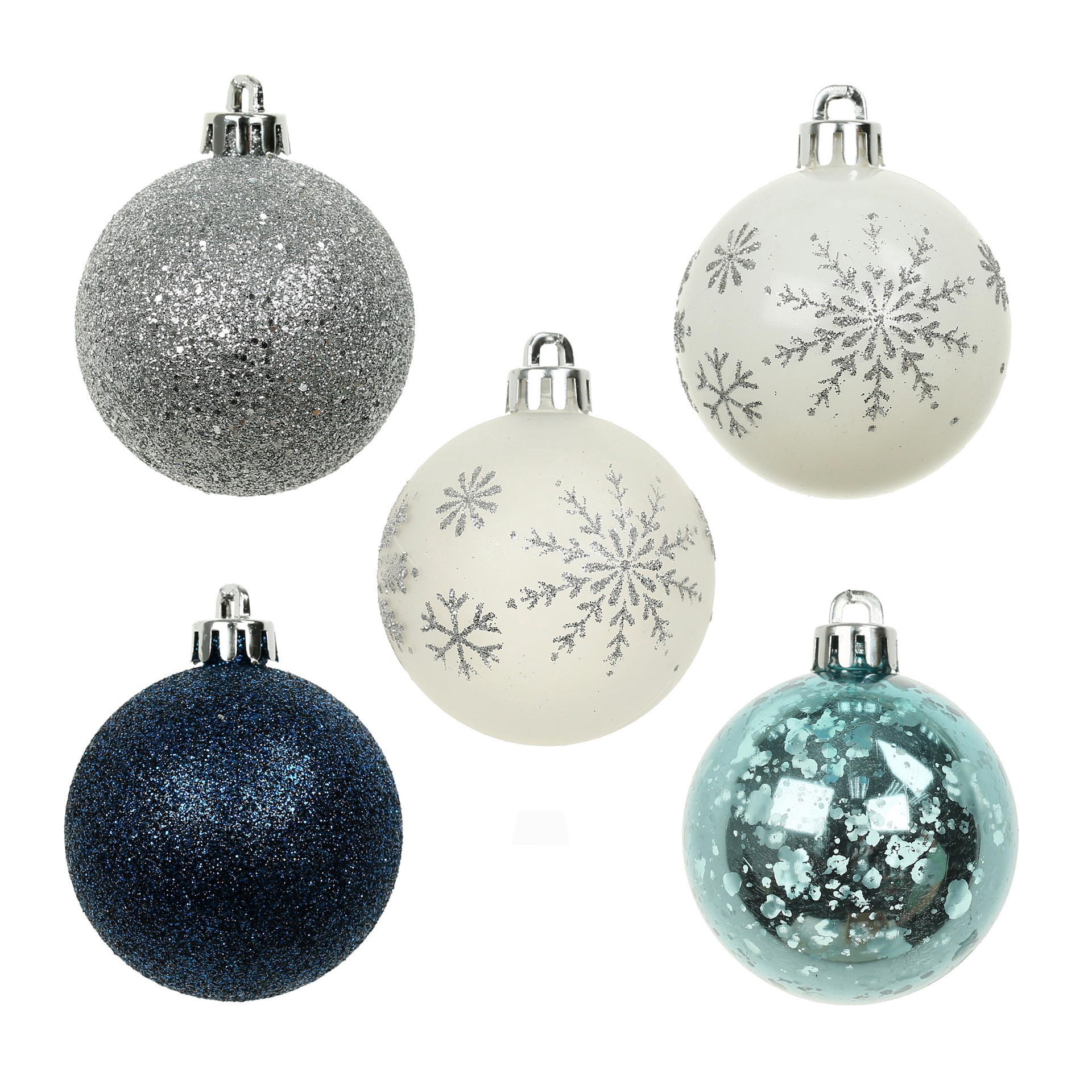 slide 3 of 3, 5 Pack 2.2" Blue & Silver Snowflake Shatterproof Ball Ornaments By Ashland, 5 ct
