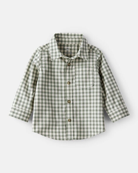 slide 1 of 2, Baby Boy Long-Sleeve Plaid Button Down Shirt - Green Green/White 24M, 1 ct