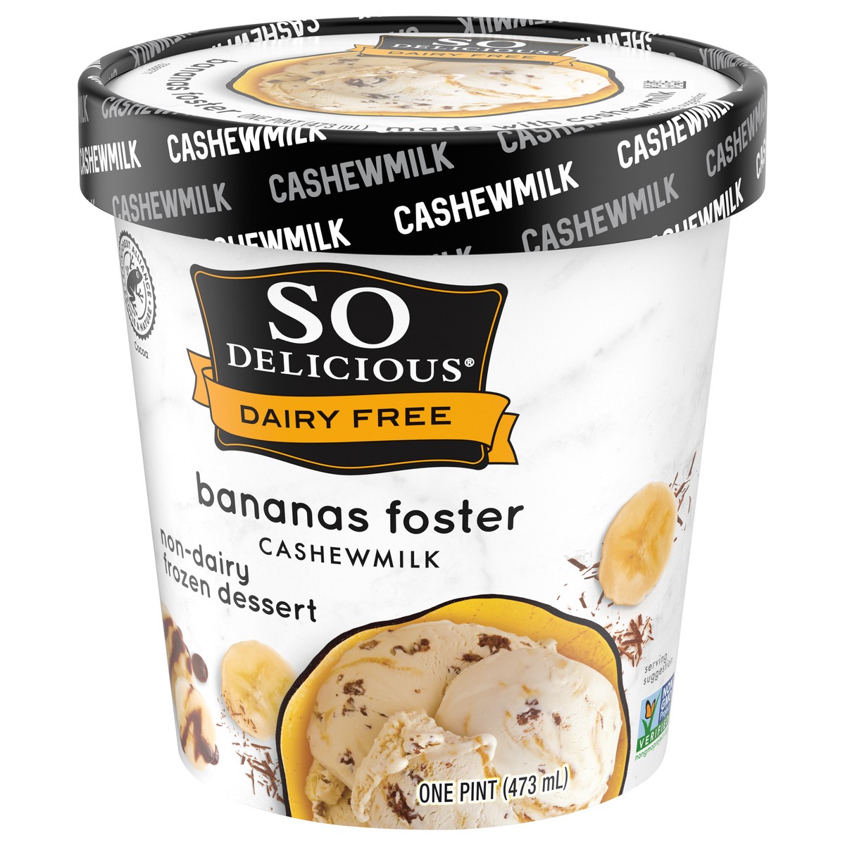 slide 2 of 13, So Delicious Dairy Free Cashew Milk Frozen Dessert, Chocolate Drizzled Banana Fosters, Vegan, Non-GMO Project Verified, 1 Pint, 16 fl oz