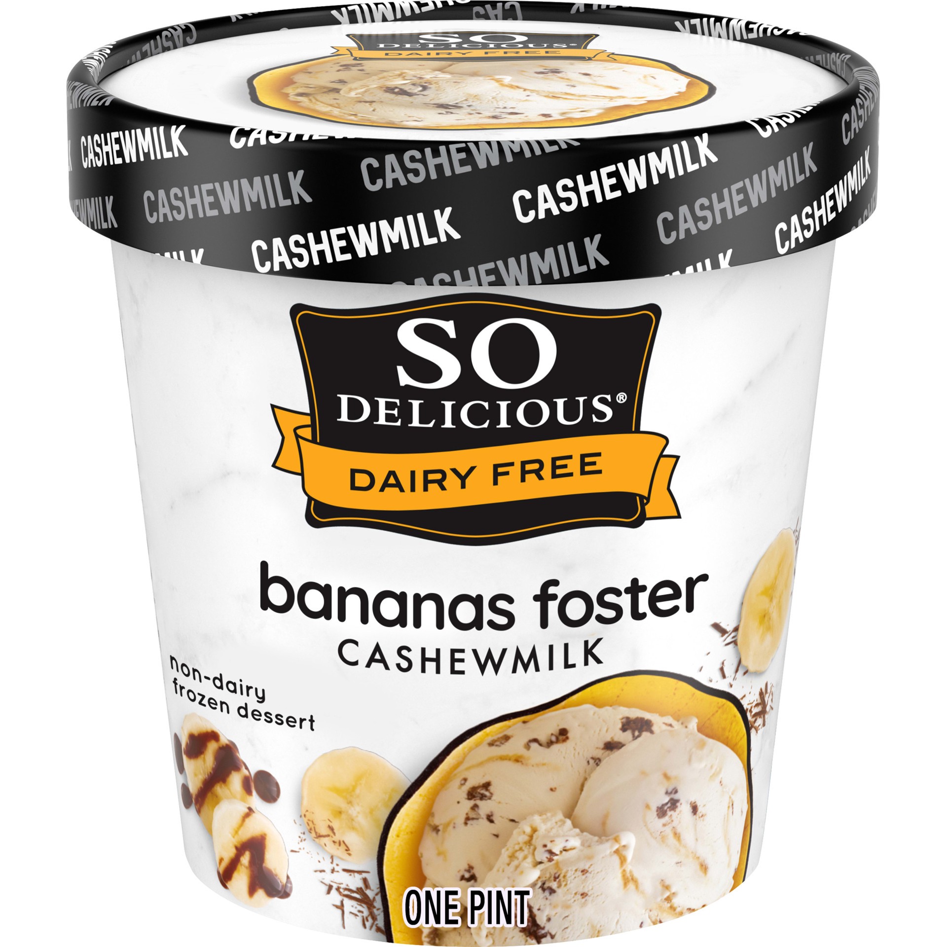 slide 1 of 13, So Delicious Dairy Free Cashew Milk Frozen Dessert, Chocolate Drizzled Banana Fosters, Vegan, Non-GMO Project Verified, 1 Pint, 16 fl oz