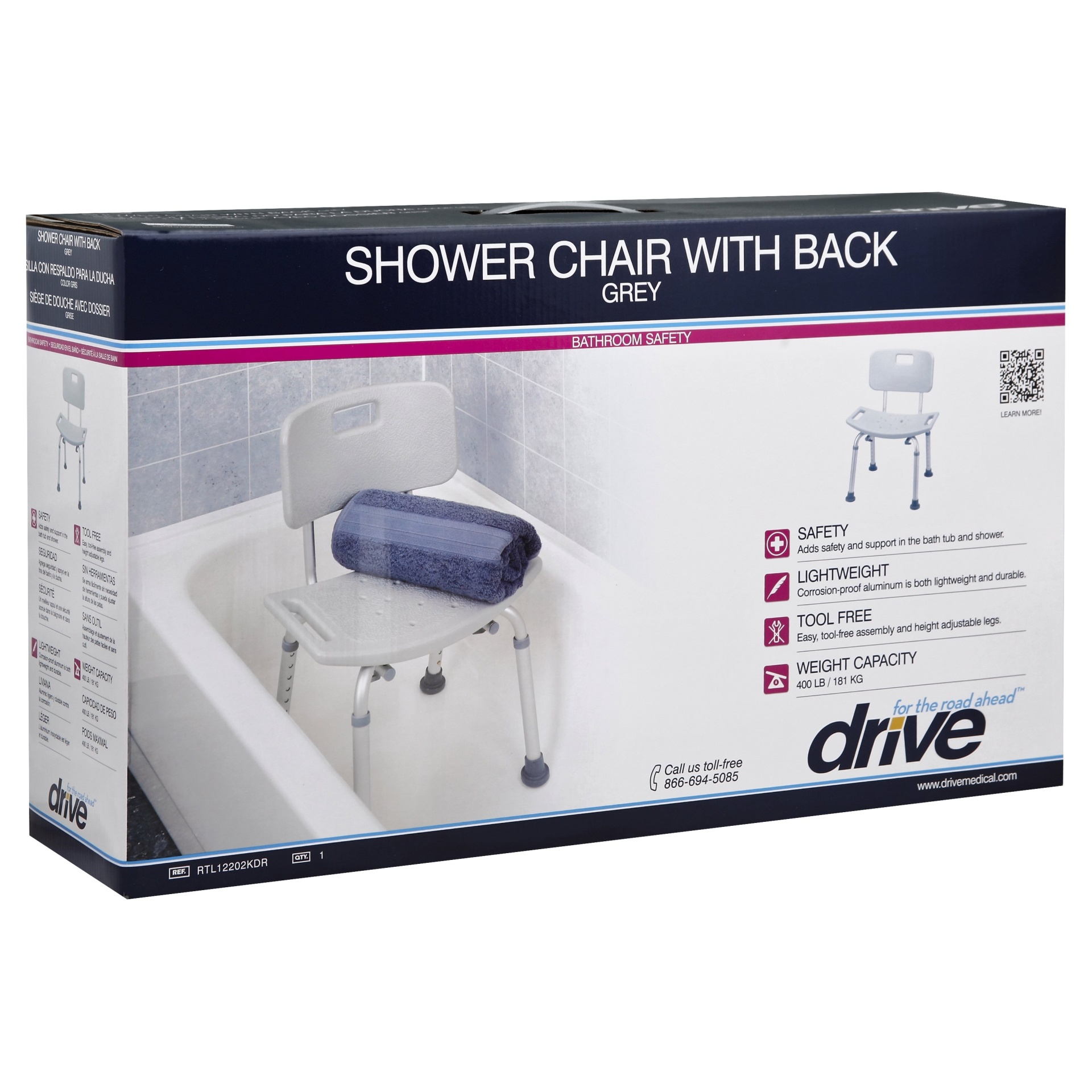 slide 1 of 1, Drive Medical Bathroom Safety Shower Tub Bench Chair With Back, Gray, 1 ct