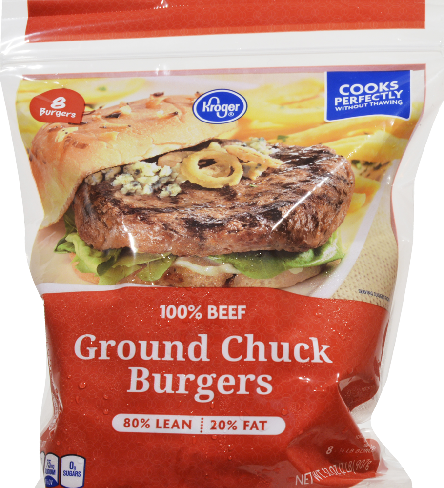slide 1 of 1, Kroger 80% Lean Frozen Ground Chuck Burger, 8 ct; 32 oz