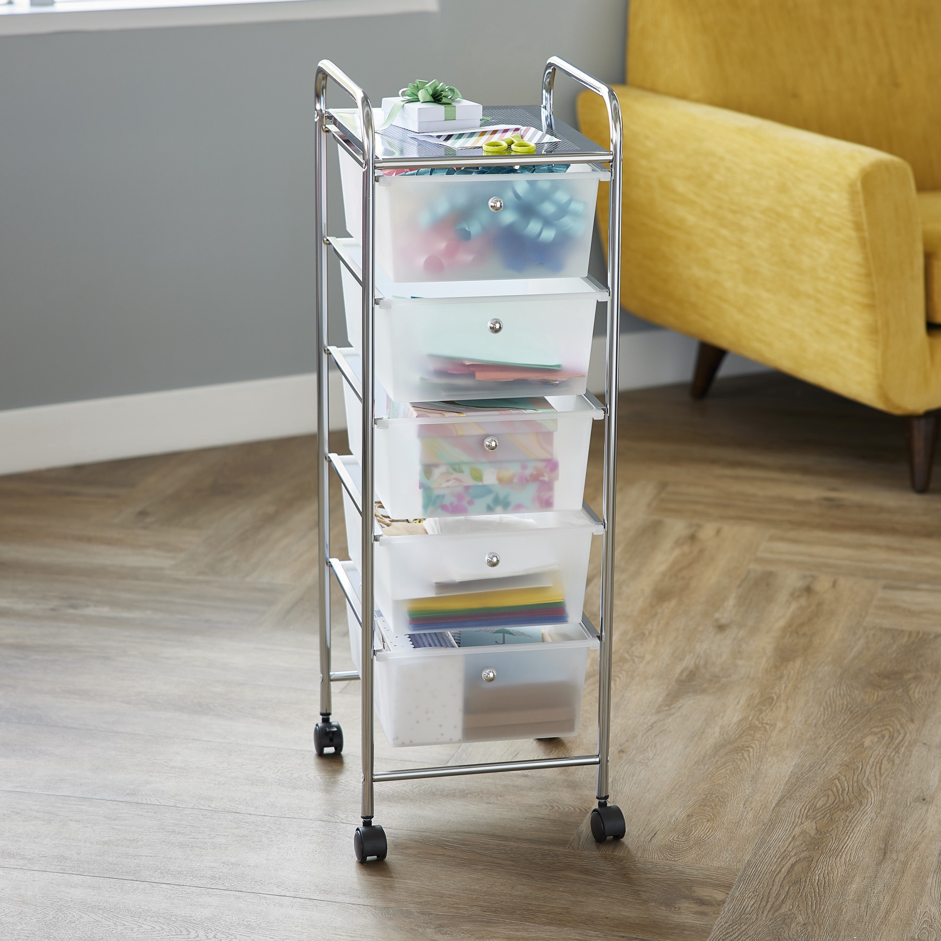 slide 4 of 5, 5 Drawer Rolling Cart By Simply Tidy, 13 in x 15 in x 38 in