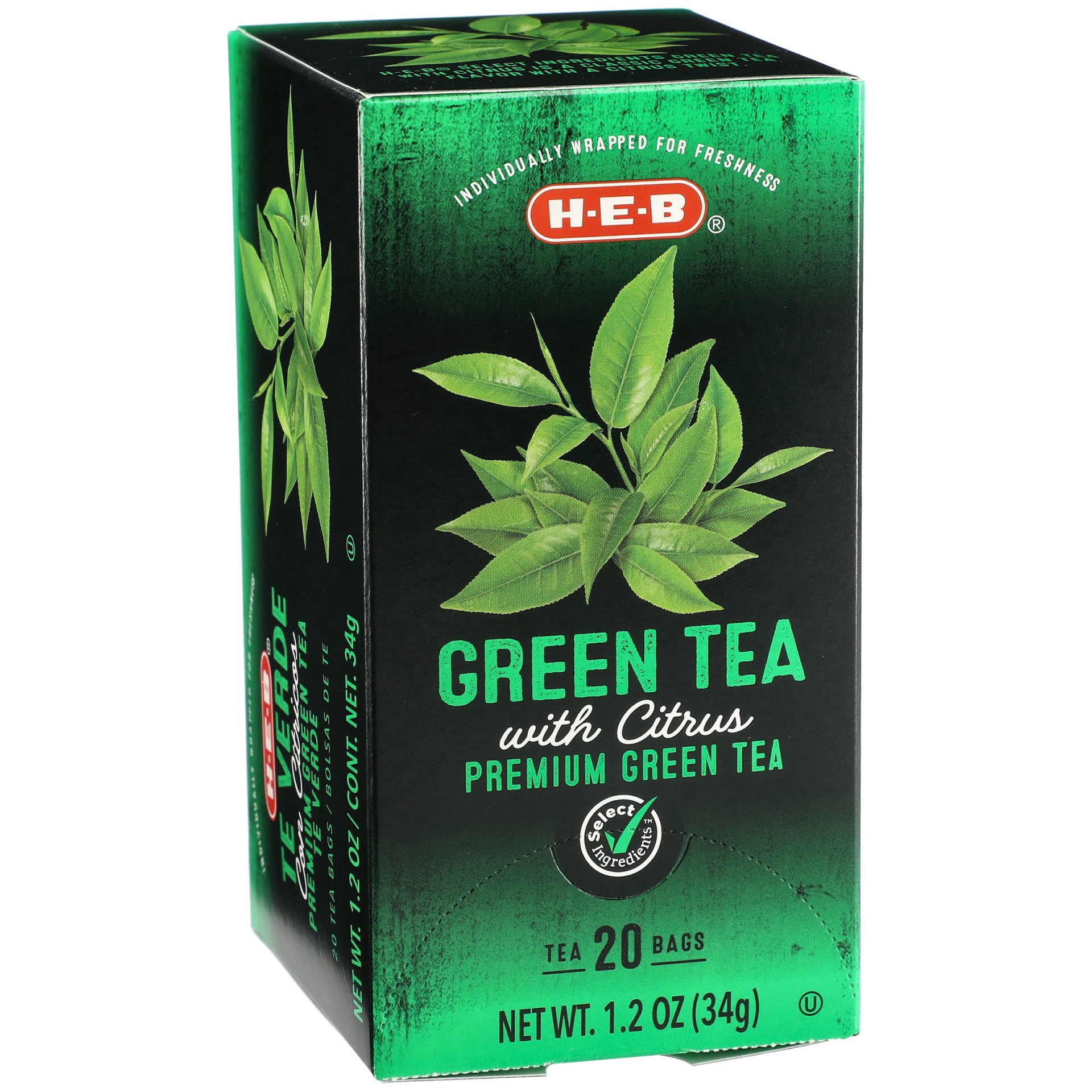 slide 1 of 1, H-E-B Green Tea with Citrus Premium Tea Bags, 20 ct
