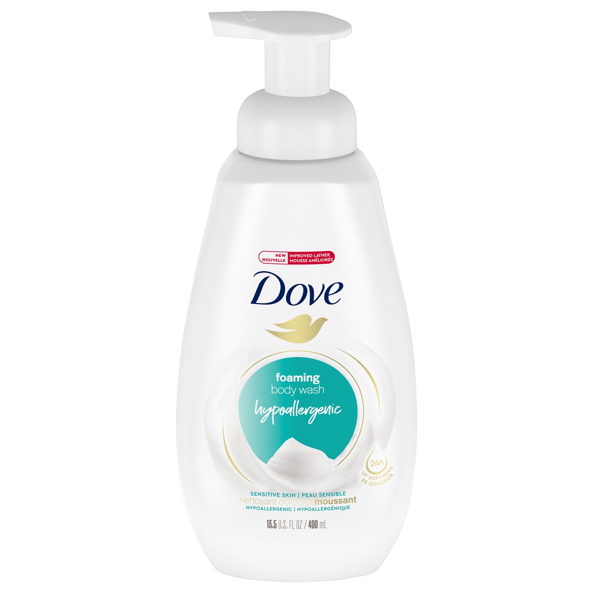 slide 1 of 4, Dove Sensitive Skin Instant Foaming Body Wash, 13.5 oz