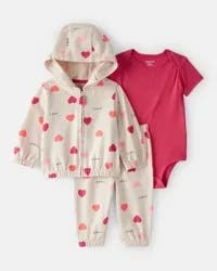 Carter's Baby Girl 3-Piece Heart Jacket Outfit Set - Brown - 3M