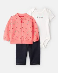 Carters Baby Girl 3-Piece Cherry Quilted Cardigan Outfit Set - Pink Pink 3M