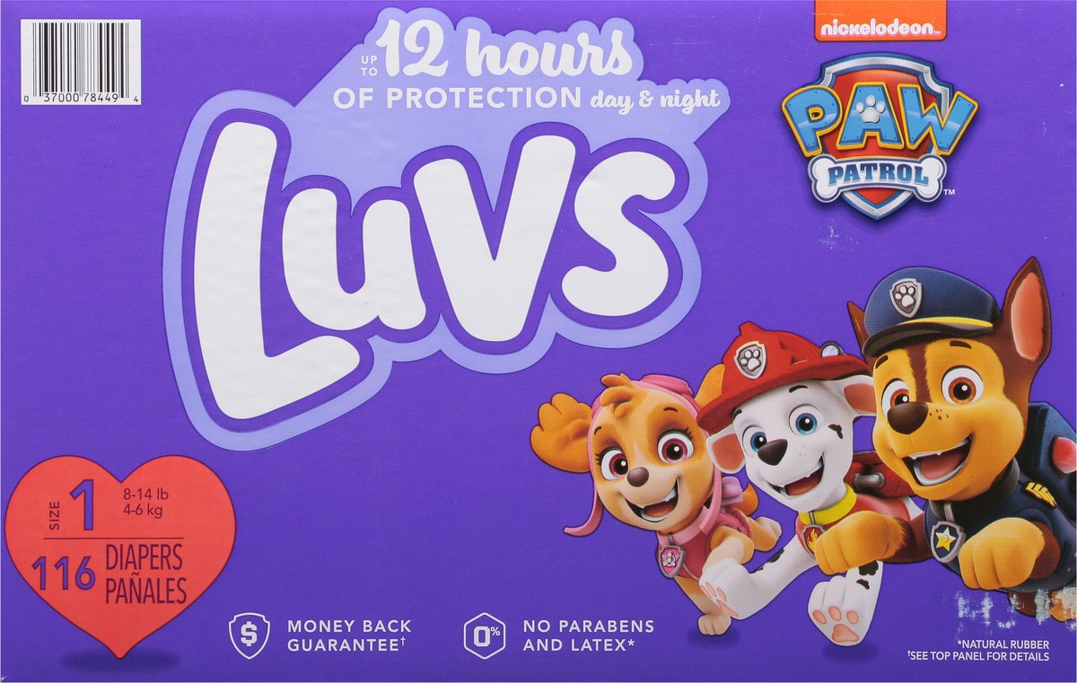 slide 8 of 9, Luvs Size 1 (8-14 lb) Paw Patrol Diapers 116 ea, 116 ct