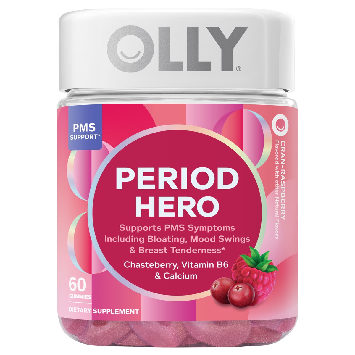 slide 1 of 11, Olly Period Hero Gummies, PMS Support Supplement, Chasteberry, Vitamin B6, Calcium, Cran-Raspberry Flavor, 30 Day Supply - 60 ct, 60 ct