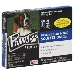Paws Happy Life Fipronil Flea & Tick Squeeze On For Dogs 89-132LB 3 Month Supply