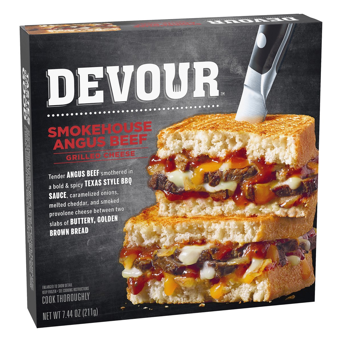 slide 2 of 11, DEVOUR Smokehouse Angus Beef Grilled Cheese Frozen Dinner, 7.4 oz Box, 7.44 oz