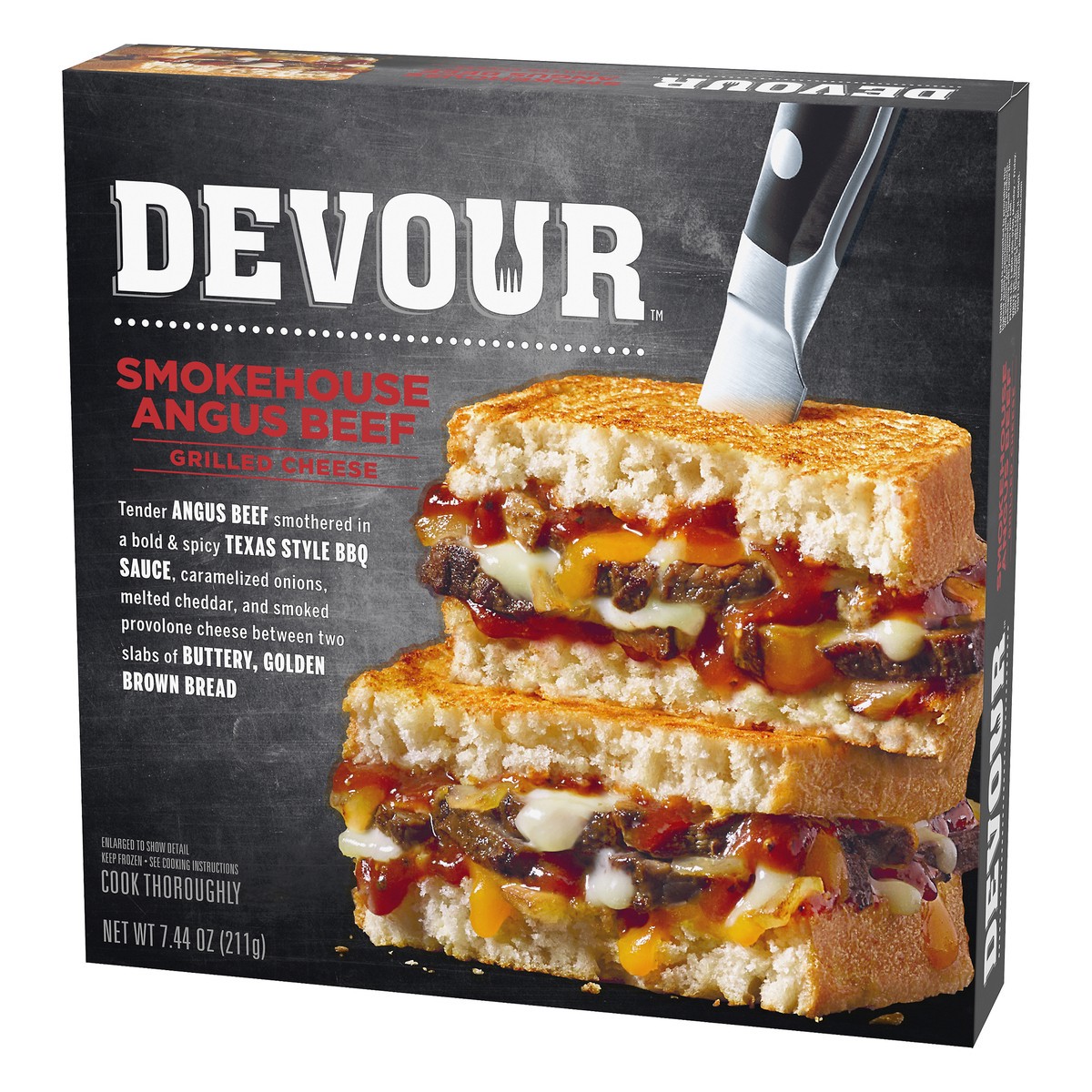 slide 3 of 11, DEVOUR Smokehouse Angus Beef Grilled Cheese Frozen Dinner, 7.4 oz Box, 7.44 oz