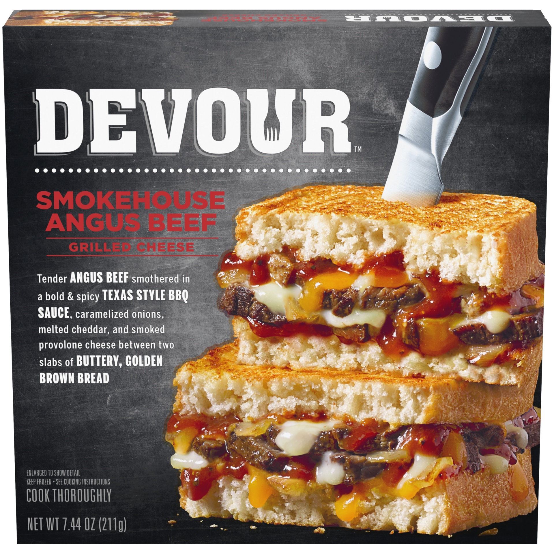 slide 1 of 2, DEVOUR Smokehouse Angus Beef Grilled Cheese with Texas Style BBQ Sauce & Carmelized Onions Frozen Meal, 7.44 oz