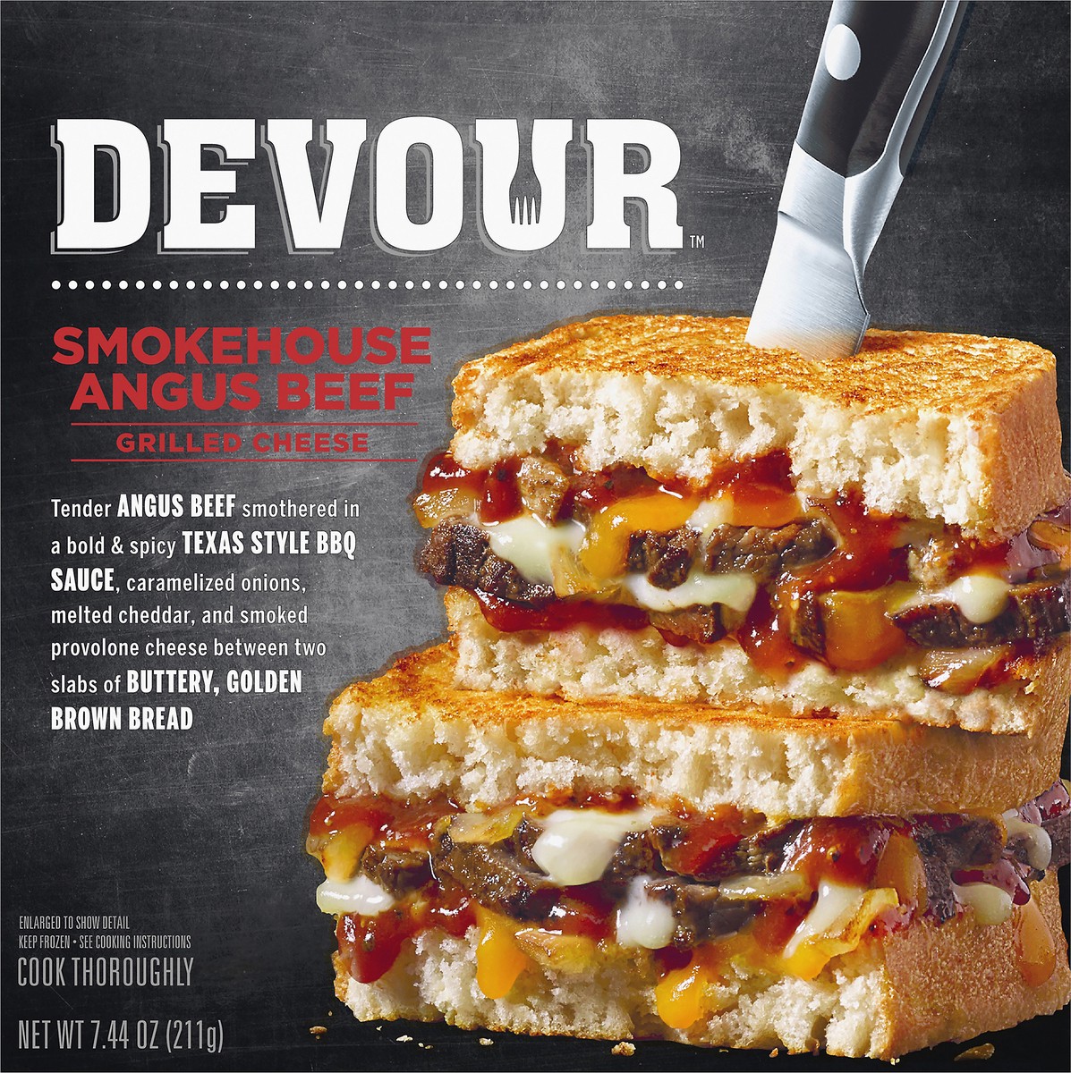 slide 8 of 11, DEVOUR Smokehouse Angus Beef Grilled Cheese Frozen Dinner, 7.4 oz Box, 7.44 oz