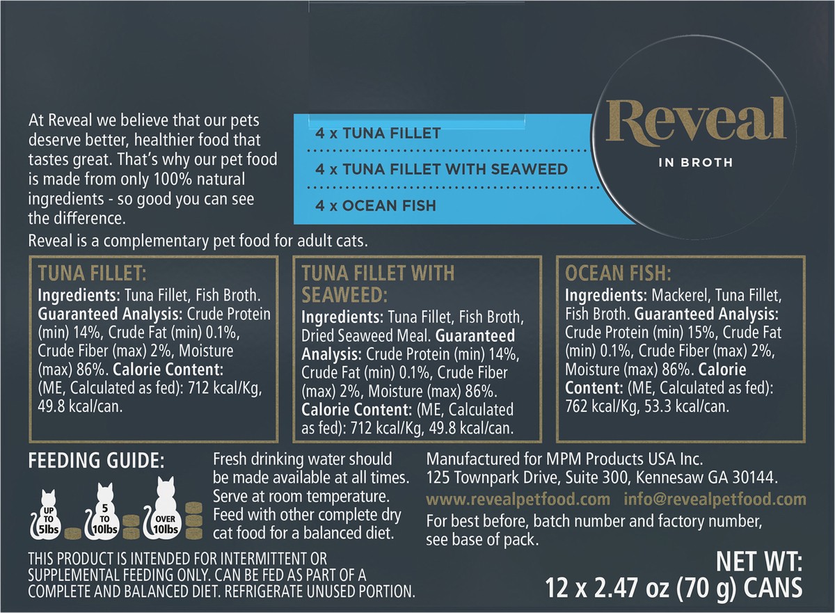 slide 3 of 7, Reveal Natural Wet Cat Food Fish Selection in Broth 12 x 2.47oz Cans, 12 ct