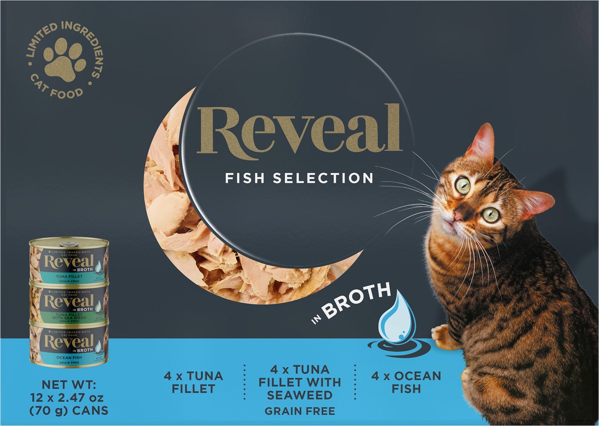 slide 2 of 7, Reveal Natural Wet Cat Food Fish Selection in Broth 12 x 2.47oz Cans, 12 ct