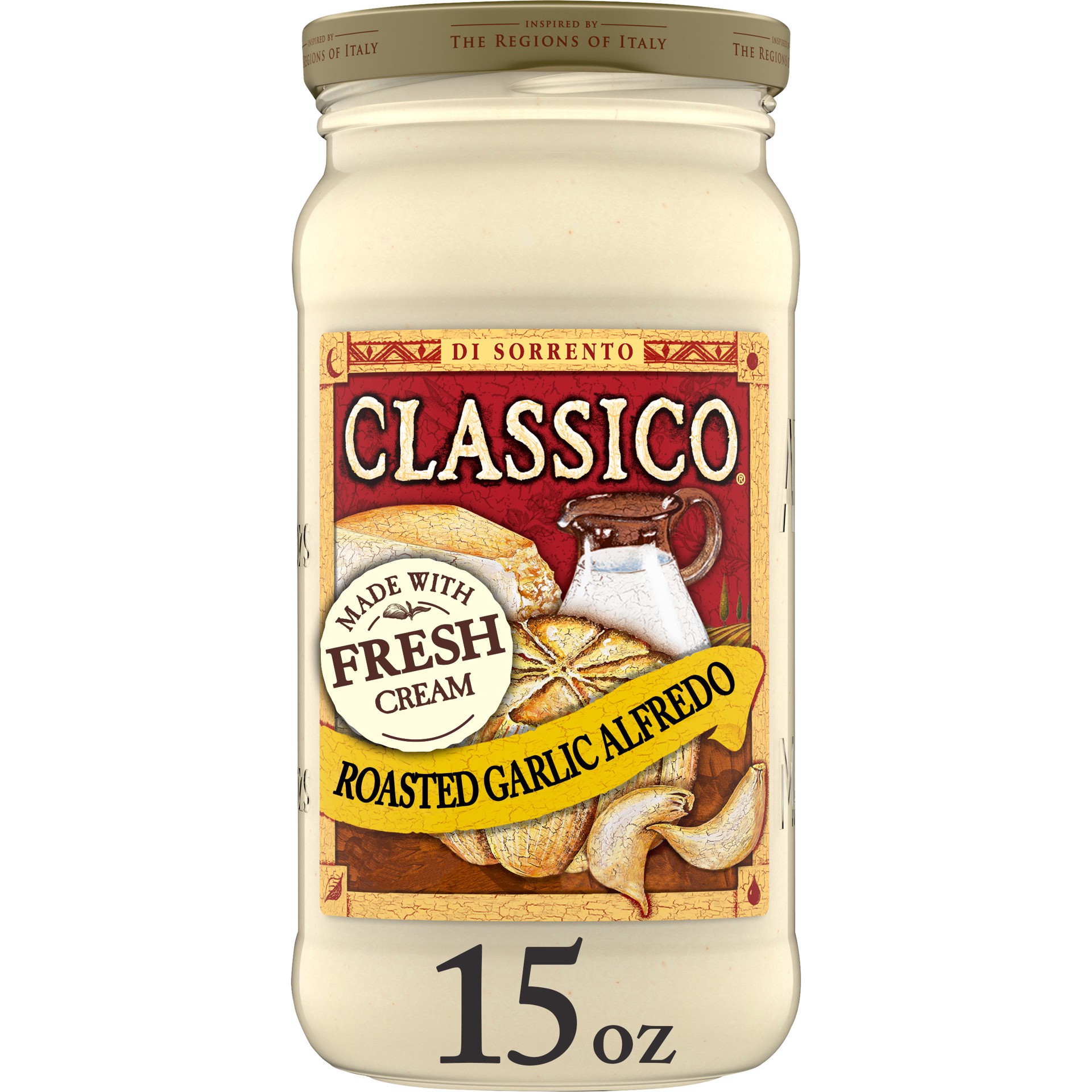 slide 1 of 9, Classico Roasted Garlic Alfredo Pasta Sauce, 15 oz Jar, 15 oz