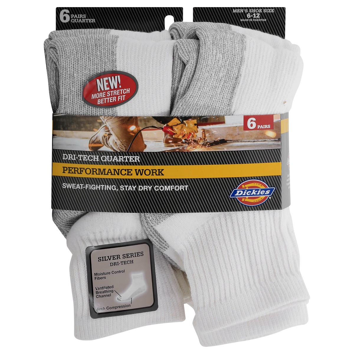 slide 2 of 8, Dickies Dri-Tech Comfort Moisture Control White Quarter Socks, Size 6-12, 6 pair