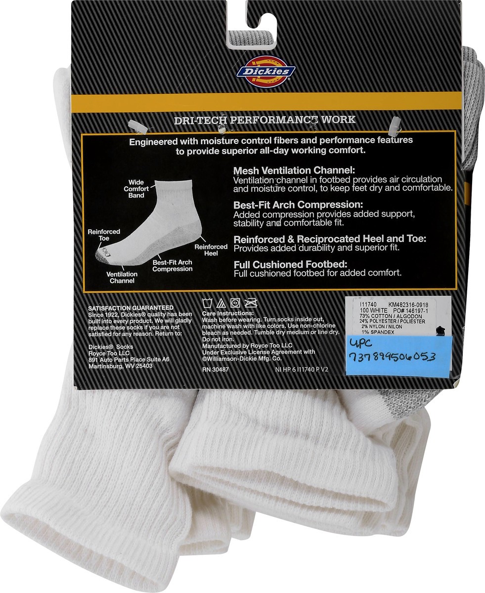 slide 6 of 8, Dickies Dri-Tech Comfort Moisture Control White Quarter Socks, Size 6-12, 6 pair