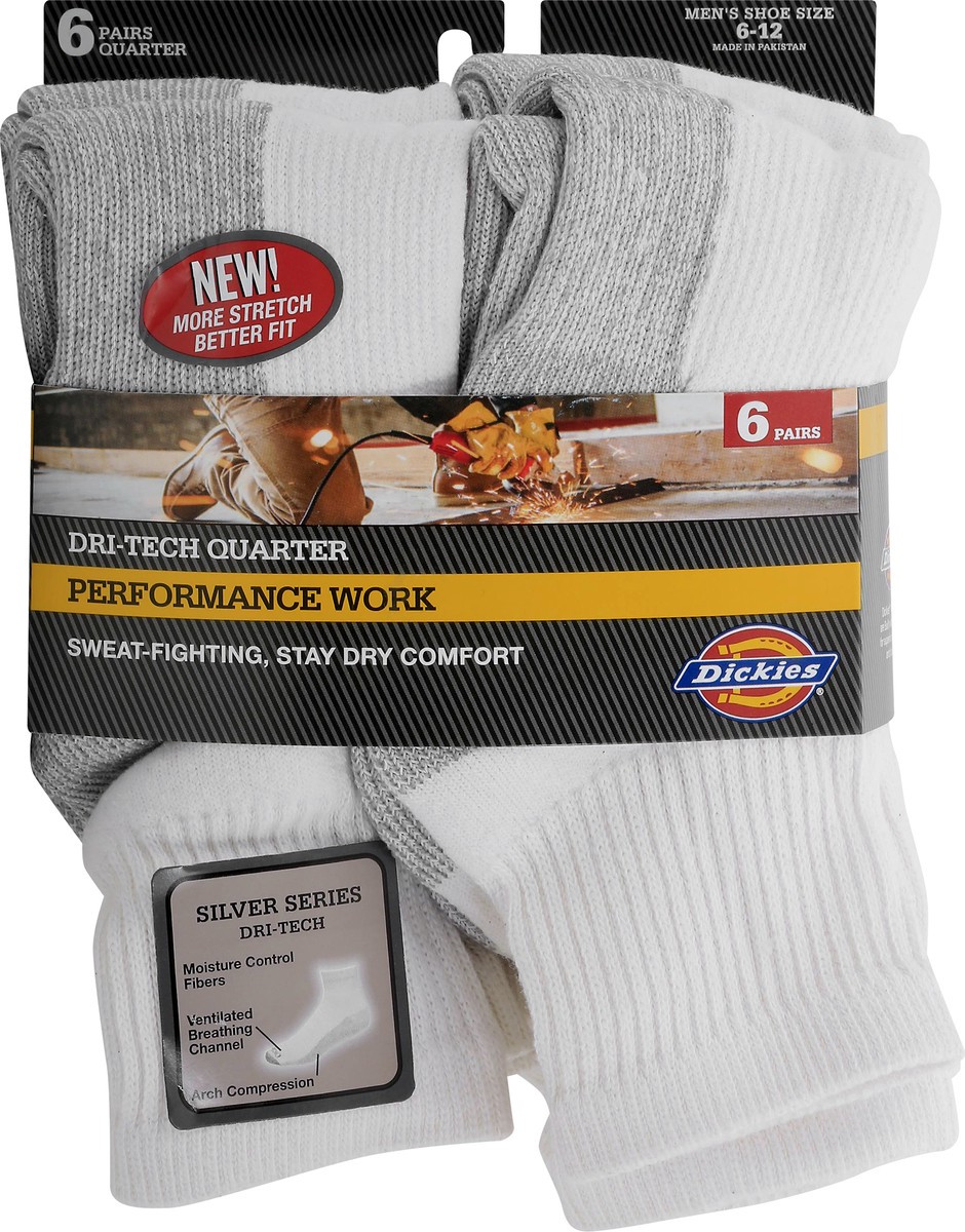 slide 7 of 8, Dickies Dri-Tech Comfort Moisture Control White Quarter Socks, Size 6-12, 6 pair