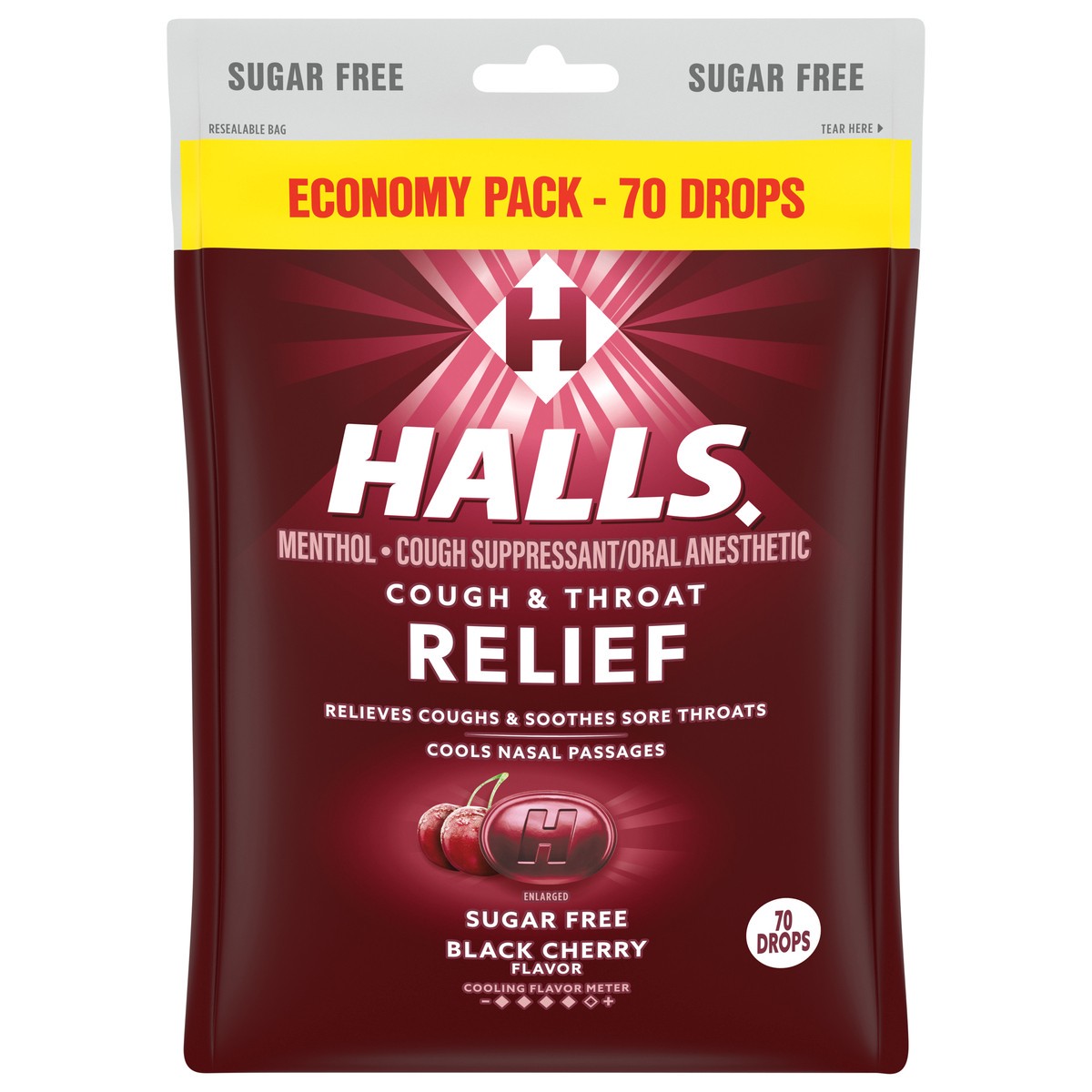 slide 1 of 8, HALLS Relief Sugar Free Black Cherry Flavor Cough Drops, Economy Pack, 1 Bag (70 Total Drops), 8.75 oz