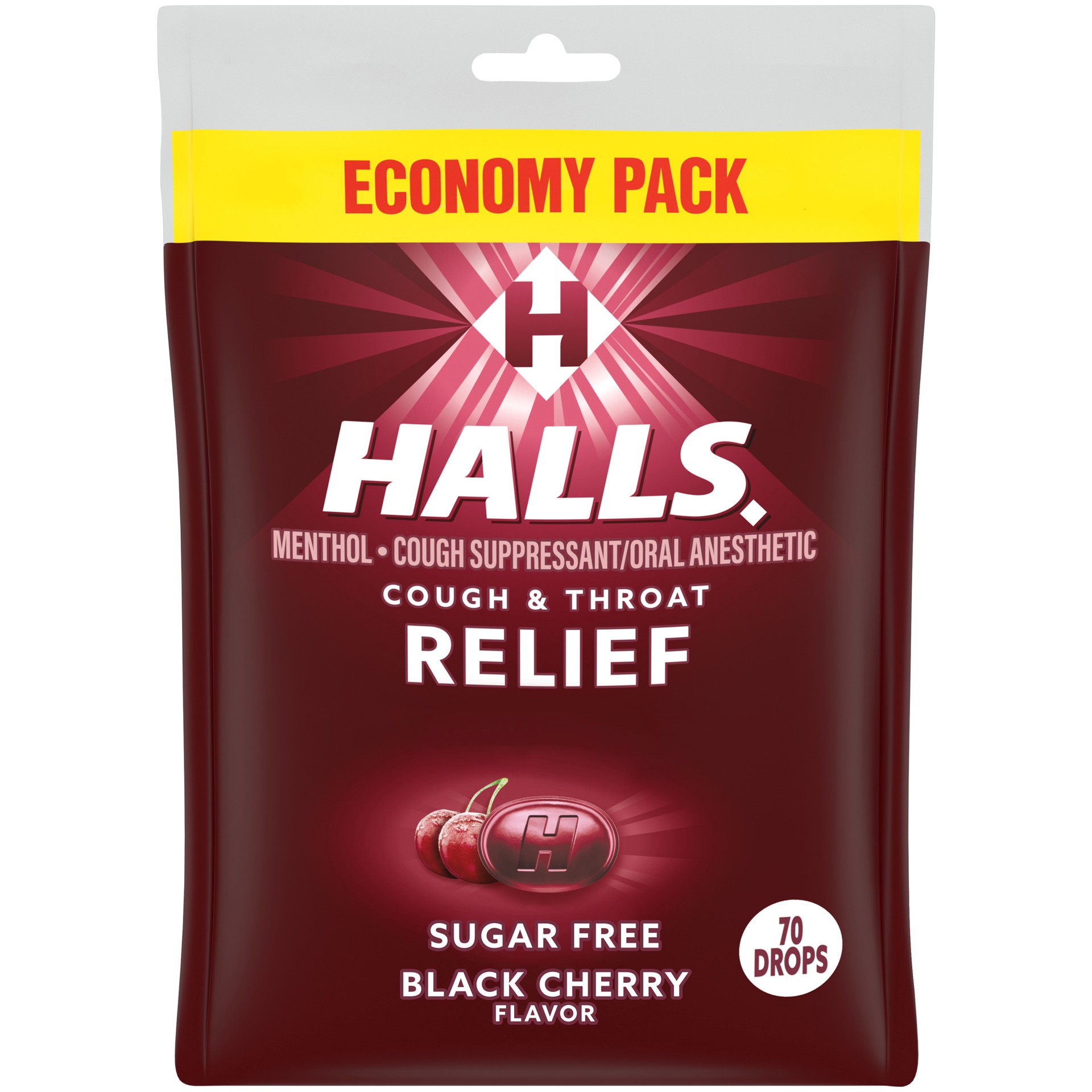 slide 1 of 8, HALLS Relief Sugar Free Black Cherry Flavor Cough Drops, Economy Pack, 1 Bag (70 Total Drops), 8.75 oz