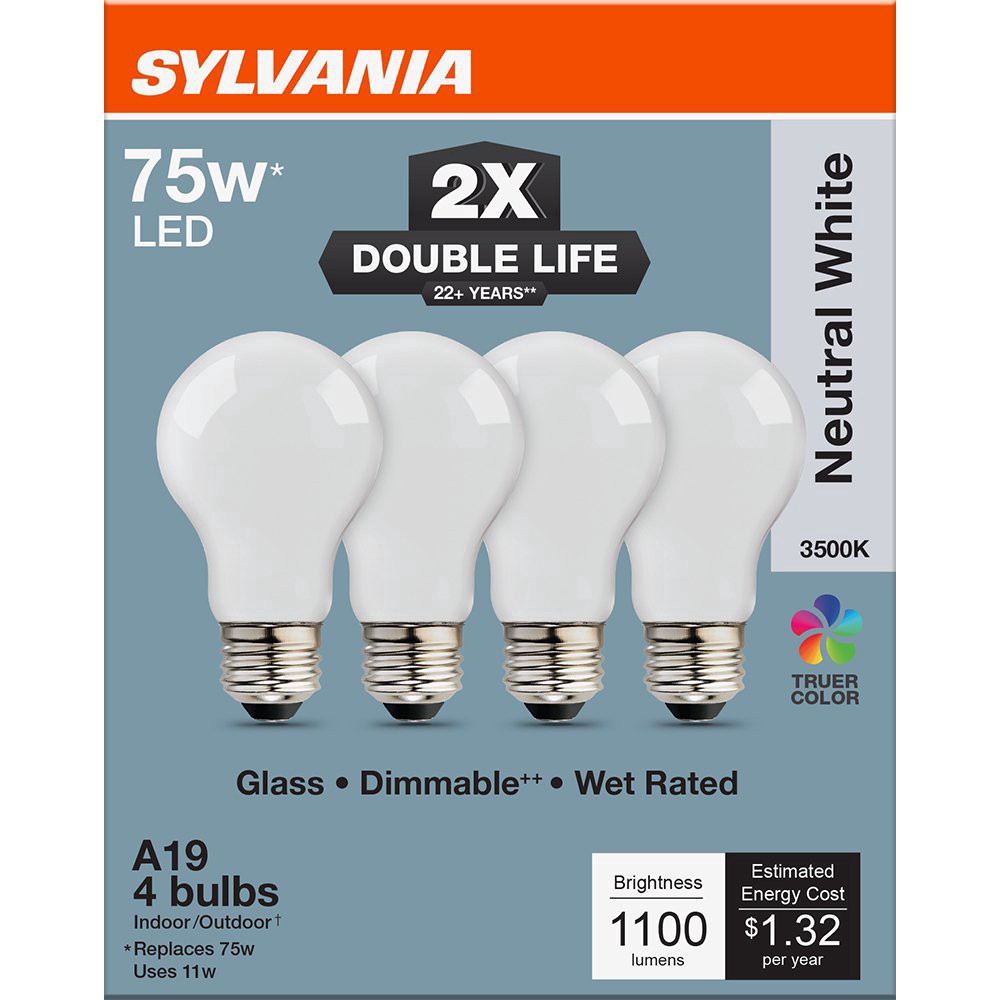slide 1 of 1, Sylvania A19 75 Watt LED Neutral White Double Life Bulb, 4 ct